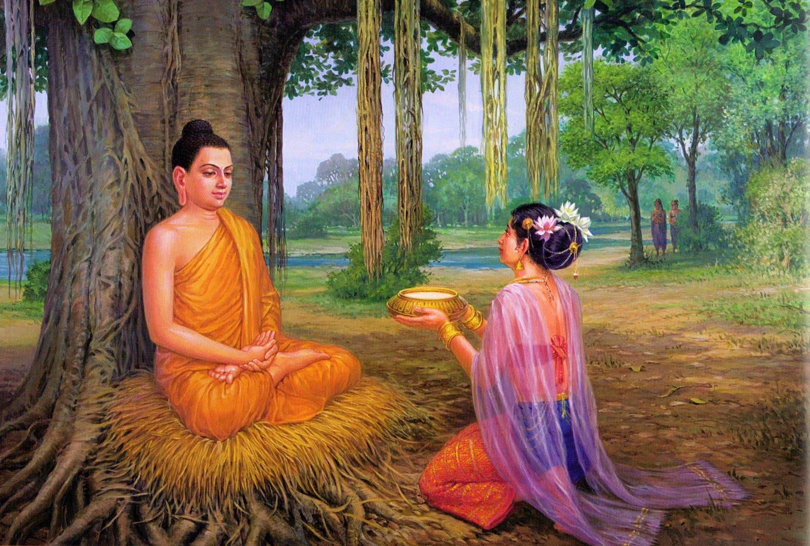 Tranh Vàng Đức Phật Trước Khi Giác Ngộ – Nhận Món Cơm Sữa Của Nàng Sujata