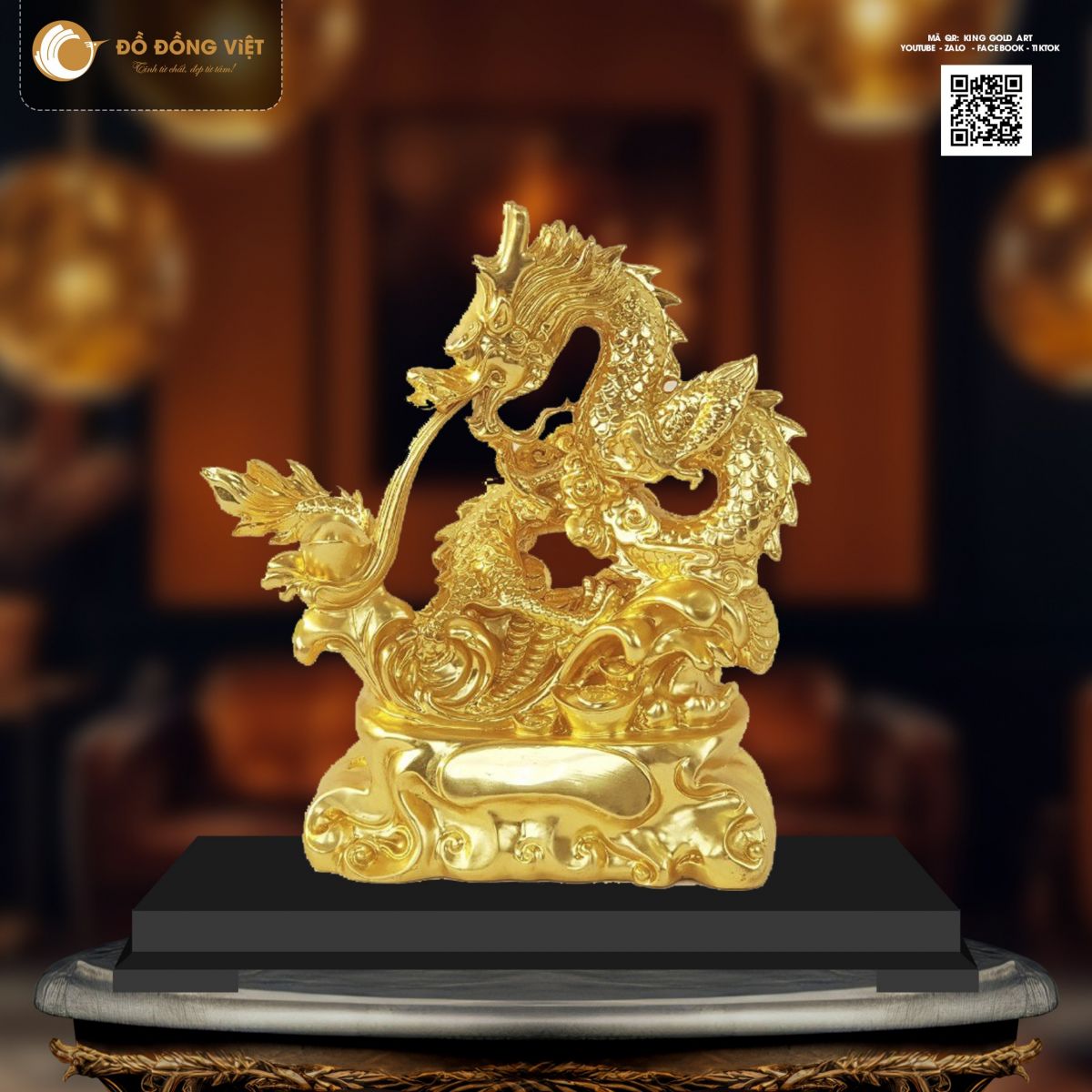 Tượng Rồng Nhả Đĩnh Vàng Dát Vàng 24K | King Gold Art